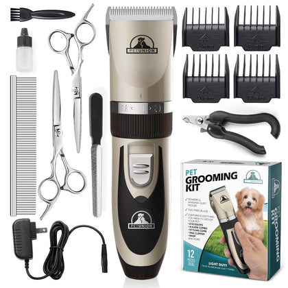Pet Union Professional Dog Grooming Kit - Rechargeable, Cordless Pet Grooming Clippers & Complete Set of Dog Grooming Tools. Low Noise & Suitable for Dogs, Cats and Other Pets (Gold)