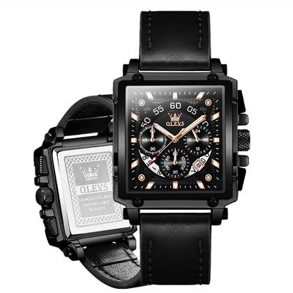 OLEVS Mens Square Multifunction Analog Watch Leather Trendy Calendar Black Leather Square Watch Classic Best Black Leather Quartz Watches for Men