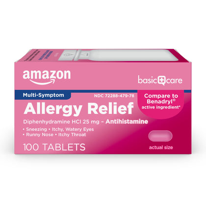 Amazon Basic Care Allergy Relief Diphenhydramine HCl 25 mg, Antihistamine Tablets for Symptoms Due to Hay Fever and Upper Respiratory Allergies, 100 Count