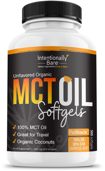 Intentionally Bare Organic MCT Oil Capsules - Keto, Paleo, Low Carb - 70% C8 | 30% C10 - Great for Travel - 100% MCT Oil - Unflavored - 1000mg per Capsule - 300 Softgels