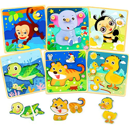TOY Life Wooden Peg Puzzles for Toddlers 1-3, 6 Pack Baby Puzzle for Kid Age 1-3, Montessori Toys for 1 2 3+ Year Old, STEM Educational Learning Toy Birthday Gifts for 1 2 3+Year Old Boys Girls