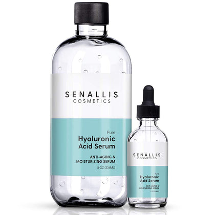 Hyaluronic Acid Serum 8 fl oz And 2 fl oz, Made From Pure Hyaluronic Acid, Anti Aging/ Wrinkle, Ultra-Hydrating Moisturizer That Reduces Dry Skin Manufactured In USA
