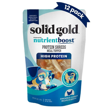 Solid Gold Dog Food Topper - 12 Pack Protein Shreds Wet Dog Food Topper w/Chicken & Carrots - High Protein Meal Toppers for Dogs to Support Muscle Growth and Overall Immunity
