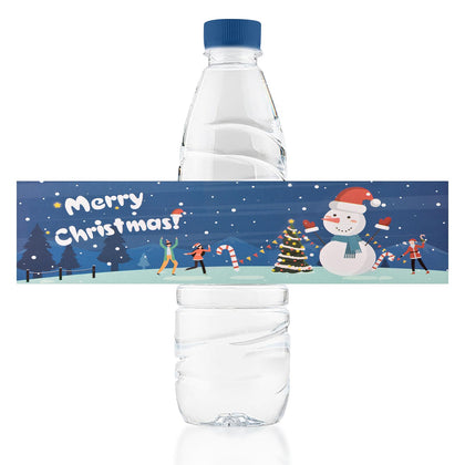 URROMA Merry Christmas Water Bottle Labels, 50Pcs Blue Snowman Christmas Wraps Sticker Christmas Labels for Party Christmas Drinking Water Bottle Label