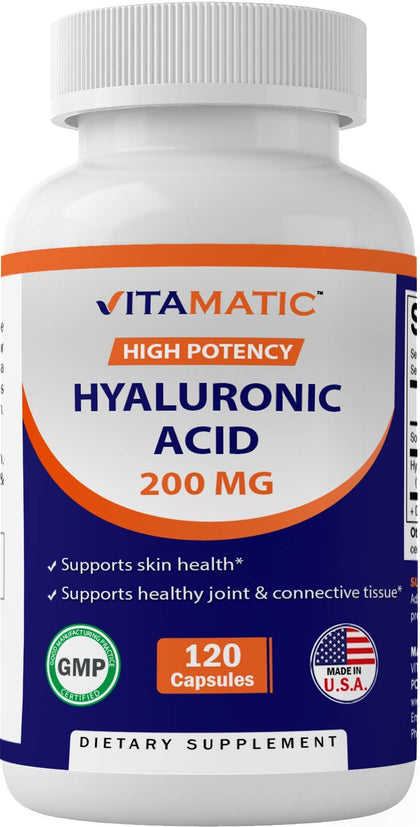 Vitamatic Hyaluronic Acid Supplements 200mg - Supports Healthy Connective Tissue and Joints - Promote Youthful Healthy Skin - 120 Capsules