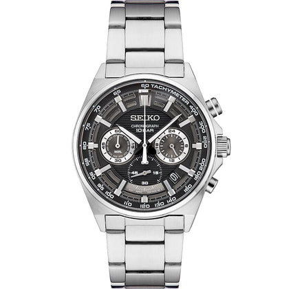 SEIKO SSB397 Watch for Men - Essentials - with Black Tachymeter Ring, Black Dial with Gray Accents, Date Calendar, Stainless Steel Case and Bracelet, and 100m Water-Resistant