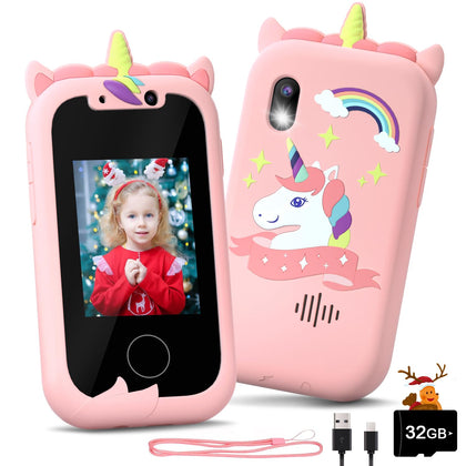 Anesky Kids Phone, Toy Phone for 3 4 5 6 7 8 9 10 11 12 Year Old Girls/Boys, Toddler Touchscreen Phone Learning Toy, Kids Camera with Video, Christmas Birthday Gifts for Girls with 32GB Card - Pink