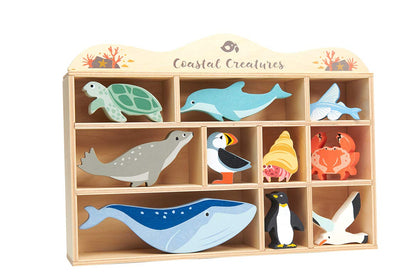 Tender Leaf Toys Coastal Creatures - 8 Wooden Ocean Animal Figurines with a Display Shelf - Classic Toy for Pretend Play - Develops Creative & Imaginative Skills - Learning Role Play - Ages 3+ Years