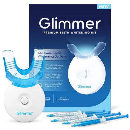 Glimmer Teeth Whitening Kit - LED Light, 35% Carbamide Peroxide, (3) 3ml Gel Syringes, (1) Remineralization Gel, and Tray