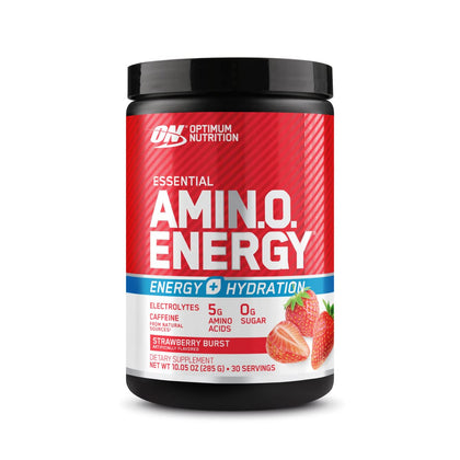 Optimum Nutrition Amino Energy Plus Electrolytes Energy Drink Powder, Caffeine for Pre-Workout Energy, Amino Acids/BCAAs for Post-Workout Recovery, Strawberry Burst, 30 Servings (Packaging May Vary)
