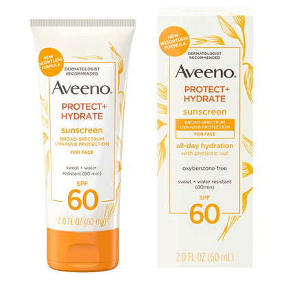 Aveeno Protect + Hydrate Moisturizing Face Sunscreen Lotion With Broad Spectrum Spf 60 & Prebiotic Oat, Weightless & Refreshing Feel, Paraben-free, Oil-free, Oxybenzone-free, 2.0 ounces