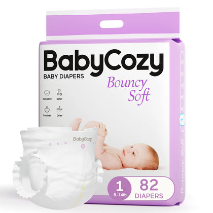 Babycozy BouncySoft Newborn Diapers for Sensitive Skin, Hypoallergenic Disposable Diapers, Plain White Diapers Without Chlorine, Soft Diapers for Baby&Infant&Preemie, Size 1(8-14lb) 72 Count