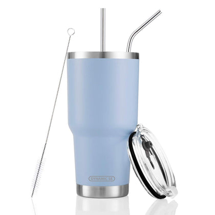 30oz Blue Tumbler Stainless Steel Double Wall Vacuum Insulated Mug with Straw and Lid, Cleaning Brush for Cold and Hot Beverages