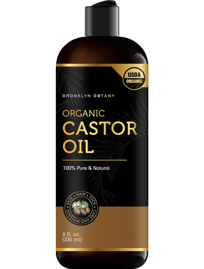 Brooklyn Botany Organic Castor Oil for Hair Growth, Eyelashes and Eyebrows - 100% Pure and Natural Carrier Oil, Hair Oil and Body Oil - Moisturizing Massage Oil for Aromatherapy - 8 Fl Oz