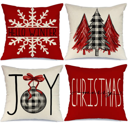 GEEORY Christmas Pillow Covers 18x18 Set of 4 for Xmas Decorations Buffalo Plaid Check Christmas Tree Joy Snow Pillow Cases Winter Holiday Throw Pillows Farmhouse Decor for Couch