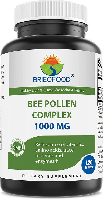 Brieofood Bee Pollen Complex 1000 mg 120 Tablets - Made with Bee Pollen, Bee Propolis, & Royal Jelly Powder