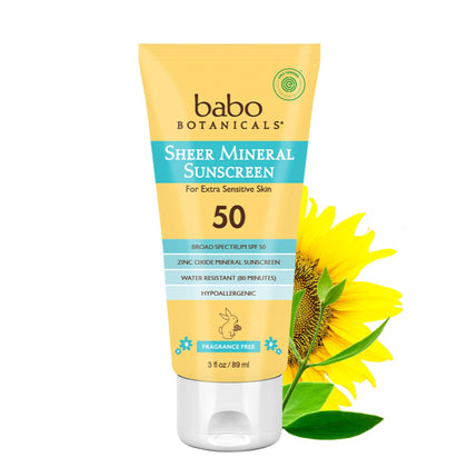 Babo Botanicals Sheer Mineral Sunscreen Lotion SPF 50 - Natural Zinc Oxide - Extra Sensitive Skin - Lightweight - Water Resistant - Fragrance-Free - EWG Verified- Sheer application