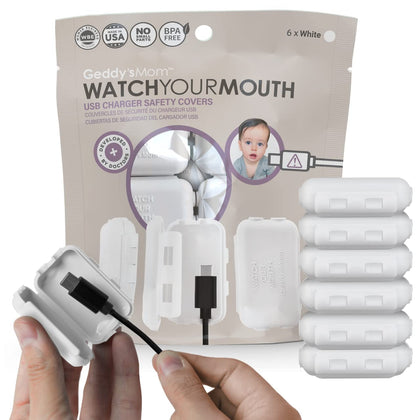 Watch Your Mouth Baby Proof Cord Cover | Award-Winning USB Charger Cover for Baby Proofing Cords | BPA & Phthalate-Free Charger Cover Protector | Electrical Safety Baby Products, (6-Pack, White)