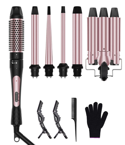 6 in 1 Curling Iron, 3 Barrel Curling Iron Set with Curling Brush (1.5inch) and 5 Interchangeable Ceramic Curling Wand(0.35