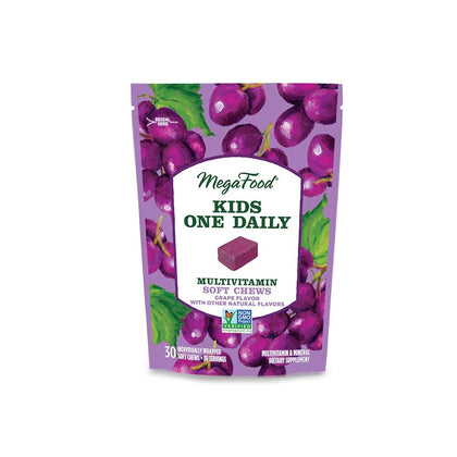 MegaFood Kids One Daily Multivitamin Soft Chews - Kids Vitamins with Vitamin B, Vitamin C, Vitamin D & Vitamin E - Age 4+, Vegetarian, Made Without 9 Food Allergens - Grape Flavor - 30 Chews