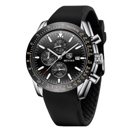 BY BENYAR Watch for Men Analog Quartz Chronograph Waterproof Luminous Designer Mens Wrist Watches Business Work Sport Casual Dress Watch with Silicone Strap Elegant Unique Gifts for Men