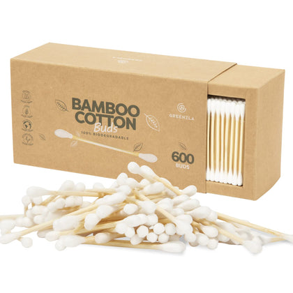Greenzla Organic Cotton Swabs 600 Pack - Biodegradable Vegan Bamboo Cotton Buds with Plant-Based Packaging, Wooden Ear Swabs with Soft & Gentle Cotton Tips, Comes with Eco-Friendly Cotton Swab Holder