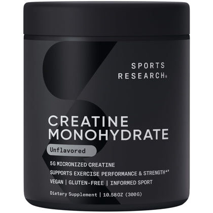 Sports Research Creatine Monohydrate - Gain Lean Muscle, Improve Performance and Strength and Support Workout Recovery - 5 g Micronized Creatine - 10.58 oz