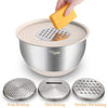 Wildone Mixing Bowls Set of 5, Stainless Steel Nesting Bowls with Khaki Lids, 3 Grater Attachments, Measurement Marks & Non-Slip Bottoms, Size 5, 3, 2, 1.5, 0.63 QT, Great for Mixing & Serving