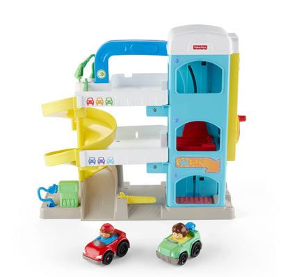Fisher-Price Little People Toddler Toy Helpful Neighbors Garage Playset with Spiral Ramp and 2 Wheelies Cars for Ages 18+ Months