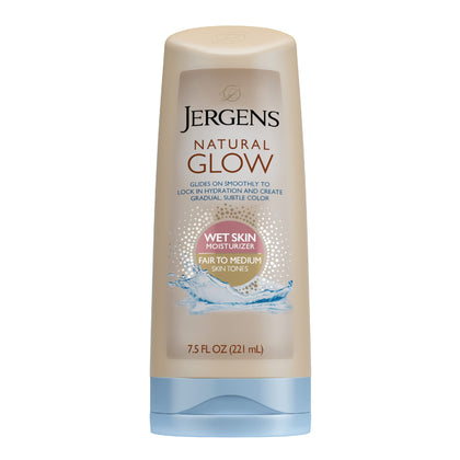 Jergens Natural Glow In-shower Lotion, for Fair to Medium Skin Tone, Wet Skin, Sunless Tanner Locks in Hydration for Gradual, Flawless Color, 7.5 Ounce