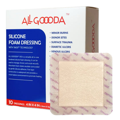 ALL GOOODA Silicone Foam Dressing 4x4[10 Pack] Gentle Adhesive Border for Wound Care, Sacrum, Sacral Foam Dressing, Bed Sore, Pressure Sore, Leg Ulcer, Diabetic Ulcer, Large Wound Bandage