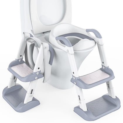 Babevy Potty Training Toddler Seat with Ladder, Double Step Potty Step Stool for Kids, Foldable Potty Toilet Seat with PU Cushion, 6-Leves Height and Wide Anti-Slip Pad for Baby Boys Girls, Light Grey