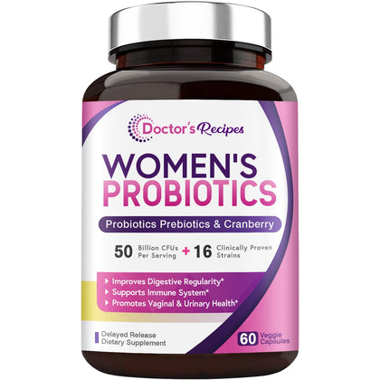Doctor's Recipes Womens Probiotic, 60 Caps 50 Billion CFU 16 Strains, with Organic Cranberry, Digestive Immune Vaginal & Urinary Health, Shelf Stable, Delayed Release, No Soy Gluten Dairy