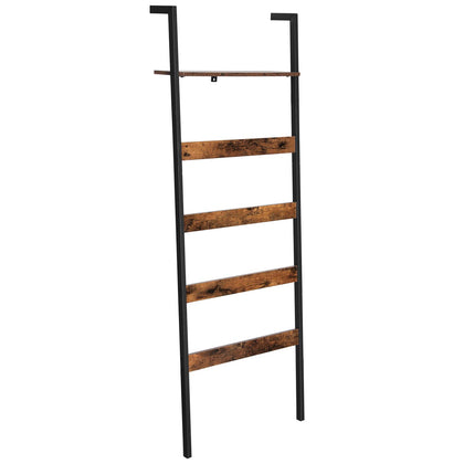 VASAGLE Blanket Ladder, Wall-Leaning Rack with Storage Shelf, for Blankets, Quilt, Towels, Scarves, Steel Frame, Industrial Style, Rustic Brown and Black ULLS012B01