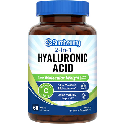 Surebounty Hyaluronic Acid, Sodium Hyaluronate + Vitamin C, Highly Purified and Bioavailable, Skin Hydration, Joints Lubrication and Antioxidant, 60 Vegan Caps