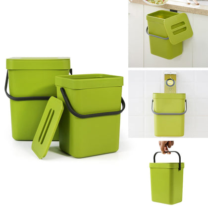 Domiella 2 Pack 1.3 + 0.8Gal Hanging Small Trash Can with Lid, Kitchen Compost Bin for Counter Top or Under Sink, Sealed Food Waste Bin, Mountable Indoor Compost Bucket for Cupboard/Bathroom (Green)