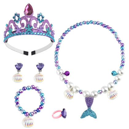 Necklace Bracelets Ear Clips Set Pendant with Mermaid Crown 6PCS Purple Plastic Party Dress Up Pretend Play Set
