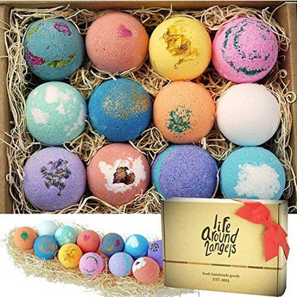 LifeAround2Angels Bath Bombs Gift Set 12 USA made Fizzies, Shea & Coco Butter Dry Skin Moisturize, Perfect for Bubble Spa Bath. Handmade Birthday Mothers day Gifts idea For Her/Him, wife, girlfriend