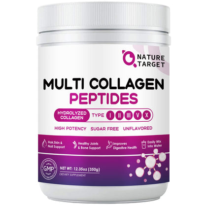 NATURE TARGET Multi Collagen Peptides Powder - Type I, II, III, V, X - Hydrolyzed Collagen Peptides with Vitamin C Hyaluronic Acid, Supports Skin Hair Nail & Joint, Grass-Fed, Non-GMO, 35 Servings