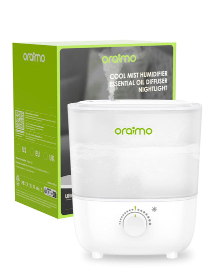 Oraimo Humidifiers for Bedroom, Top Fill Cool Mist Humidifier, 26dB Quiet, Easy to Clean, 2.5L Ultrasonic Humidifier & Essential Oil Diffuser with Night Light, BPA-Free, Humidifier for Baby White