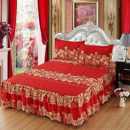 Zhiyuan 2 Layers Ruffled Bed Sheet Skirt Brushed Microfiber Bedspread with 2 Pillow Shams, Queen, Red & Light Yellow
