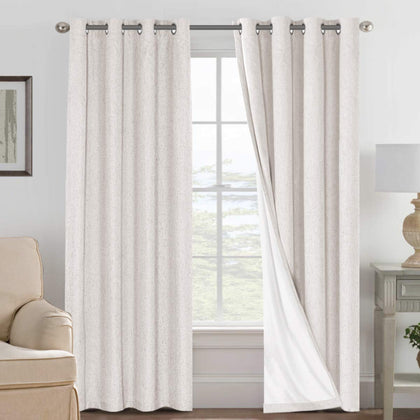 H.VERSAILTEX Ivory Blackout Curtains for Bedroom, Linen 100% Black Out Curtains Drapes Sliding Door Curtains, Textured Window Curtains Grommet, Energy Efficient Curtains White Liner, 2 Panels