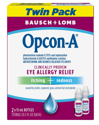 Opcon-A Allergy Eye Drops by Bausch + Lomb, for Itch and Redness Relief, Red and Itchy Eyes Antihistamine Eye Drop, Clinically Proven Treatment, 0.5 Fl Oz (Pack of 2)