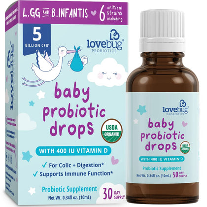 Lovebug Award Winning USDA Organic Probiotic for Infants & Babies | Helps with Colic, Reflux, Diarrhea, Constipation & Gas | Multi-Strain 5 Billion CFU | Liquid Drops | Ages 0-24 Months