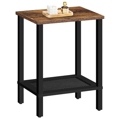 HOOBRO End Table, Small Side Table with 2-Tier Storage Shelves, Nightstand with Faux Rattan Decoration, Sofa Table for Small Space, Beside Table for Living Room, Rustic Brown and Black BF91BZ01