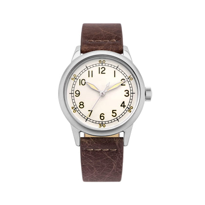 PRAESIDUS A-11 Spec 2 White Patina Leather Men's 40 mm Military Ameriquartz Watch in White Dial and Dark Brown Leather Strap