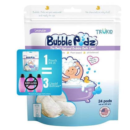 TruKid Bubble Podz for Baby, Refreshing Bubble Bath for Dry, Sensitive & Soft Skin, pH Balanced for Eye Sensitivity, Enriched with Lavender Flower, Lavender Scent, All Natural Ingredients (24 Podz)
