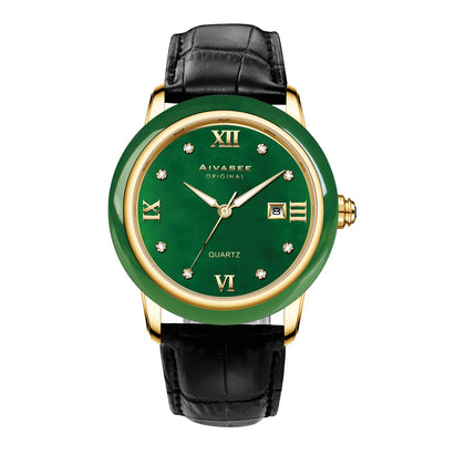 Aivasee Luxury Green Jade Watch for Men with Japanese Quartz Movement, Leather Strap Mens Analog Waterproof Wrist Watch (AH5002G)