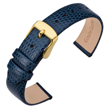 ANNEFIT Women's Leather Watch Band 12mm with Gold Buckle, Lizard Grain Slim Thin Replacement Strap (Blue)