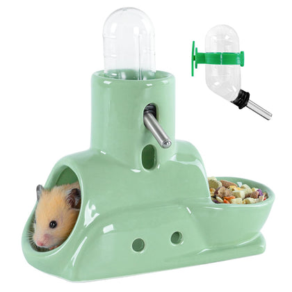 OIIBO Ceramic Hamster Water Bottle, 3 in 1 Hamster Water Bottle with Hideout and Food Bowl, 2PCS 60ML Adjustable Hamster Water Bottle No Drip Rat Water Bottle Small Animal Dispenser